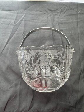 Vintage Fostoria Baroque Crystal Ice/ Bucket /w Handle and Tongs Floral Pattern